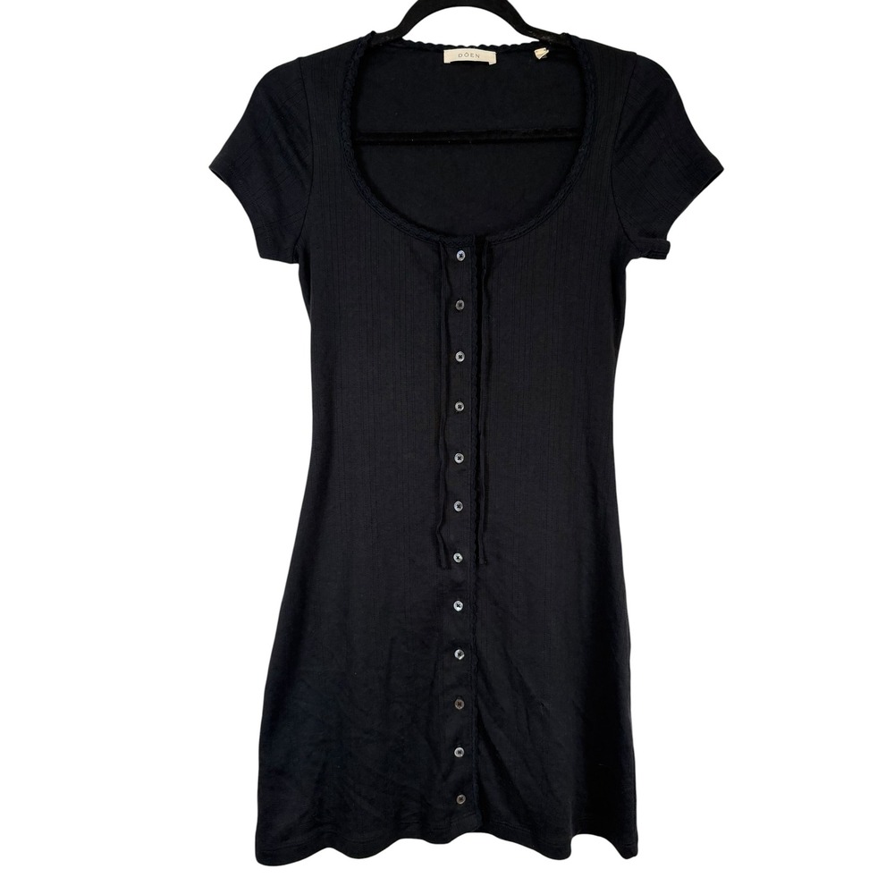 DOEN Black Pointelle Rib Knit Mini Dress Short Sleeve Button Front Lace Trim S